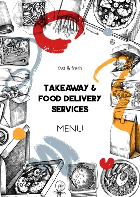 Collage style fast food frame. Hand-drawn vector illustration. Burger, pizza box, paper bag, coffee cup sketch. Takeaway food flyer template, delivery menu design, trendy background
